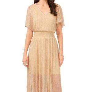MSK Gold Metallic V-Neck Flutter Sleeve Handkerchief Hem Midi Dress Size XL